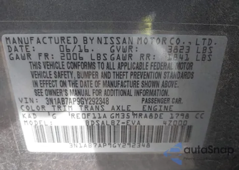 2016 Nissan Sentra Fe+ S/S/Sl/Sr/Sv z USA, uszkodzony, nr VIN 3N1AB7AP9GY292348